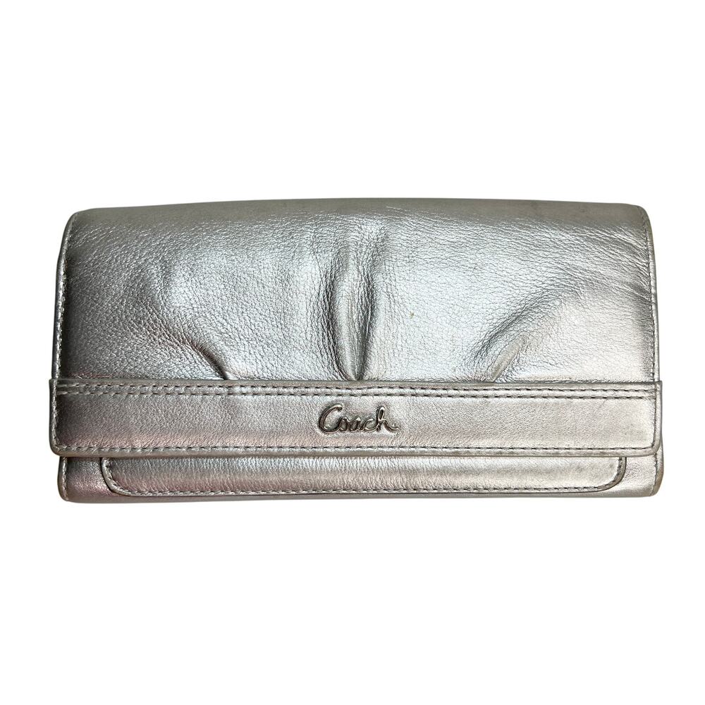Coach Pleated Silver Metallic Leather Full Size Trifold Checkbook Wallet